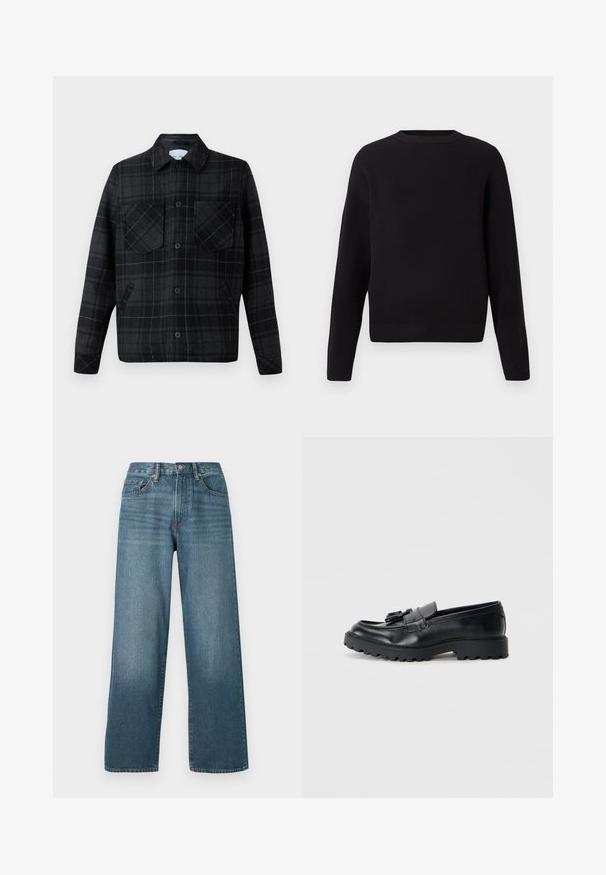 Kariertes Hemdjacke aus einer schwarzen und grauen Wollmischung, mit zwei Brusttaschen, Knopfverschluss und kontrastierenden weißen Nähten.; Schwarzer, gerippter Strickpullover mit rundem Halsausschnitt, langen Ärmeln und lockerer Passform. Er verfügt über einen strukturierten Stoff und hat keine sichtbaren Verschlüsse.; Weite, dunkelblaue Denim-Jeans mit Knopfverschluss, Gürtelschlaufen und einem ausgewaschenen Textur. Mit fünf Taschen und Kontrastnähten.; Schwarze Lederloafers mit glanzendem Finish, klobiger Gummisohle und dekorativem Quastendetail auf der Vorderseite.
