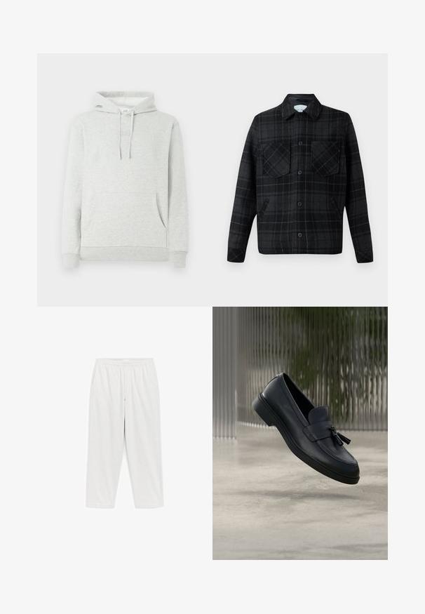 Geruite jas van een zwarte en grijze wolmix, met twee borstzakken, knoopsluiting en contrasterende witte stiksels.; Lichtgrijze hoodie met een trekkoordkap, voorzak, ribgebreide manchetten en zoom, met een subtiele logo-embossing op de borst.; Witte broek met elastische taille, comfortabele pasvorm, zijzakken, rechte pijpen en lichtgewicht stof.; Zwarte leren loafers met een gladde textuur, een afgeronde neus en decoratieve kwastjes aan de voorkant. Flexibele rubberen zool met lage hak.