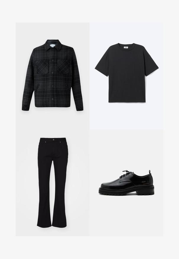 Kariertes Hemdjacke aus einer schwarzen und grauen Wollmischung, mit zwei Brusttaschen, Knopfverschluss und kontrastierenden weißen Nähten.; Schwarzes T-Shirt mit kurzen Ärmeln und Rundhalsausschnitt in lockerer Passform, Vorderansicht, schlichtes Design und sichtbares Weekday-Label im Krageninneren.; Schwarze hoch taillierte Schlagjeans mit Knopfverschluss vorne und fünf Taschen, auf einem weißen Hintergrund präsentiert.; Schwarzer polierter Lederschnürschuh mit dicker Gummisohle und niedrigem Absatz, seitlichem Marken-Schriftzug "SAMSOE" und hinterer Zuglasche.