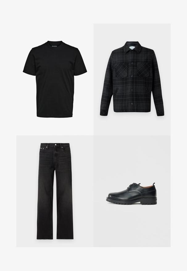 Geruite jas van een zwarte en grijze wolmix, met twee borstzakken, knoopsluiting en contrasterende witte stiksels.; Eenvoudig zwart T-shirt met korte mouwen, ronde hals en een normaal model zonder zichtbare patronen of logo's.; Zwarte jeans met rechte pijpen, vijf zakken, riemlussen en knoopsluiting, weergegeven op een witte achtergrond.; Zwarte leren derby schoenen met een gladde textuur, ronde neus, vetersluiting en een dikke, robuuste rubberen zool.