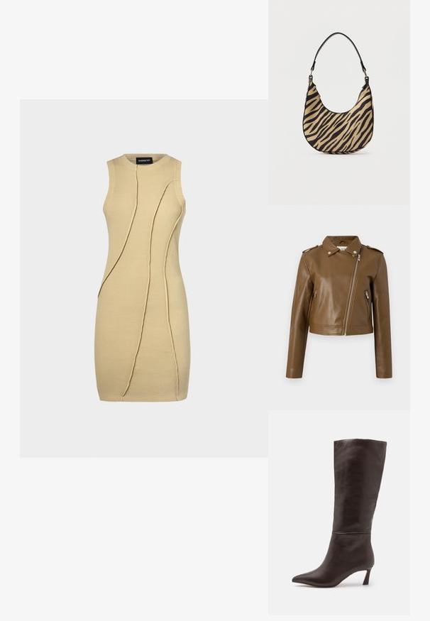 Brun faux læder cropped jakke med lynlåslukning, sidelommer med lynlås, spidse krave og skulderepauleter. Glat tekstur.; Strik udenærmet kjole i lys beige med ribbet tekstur. Har buede sømme for ekstra designdetalje. Slank, tætsiddende silhuet.; Steve Madden LAVAN - Høje støvler/ Støvler - brown; Beige og sort zebra print skuldertaske med buet bund og enkelt sort håndtag, fotograferet mod en ensfarvet hvid baggrund.