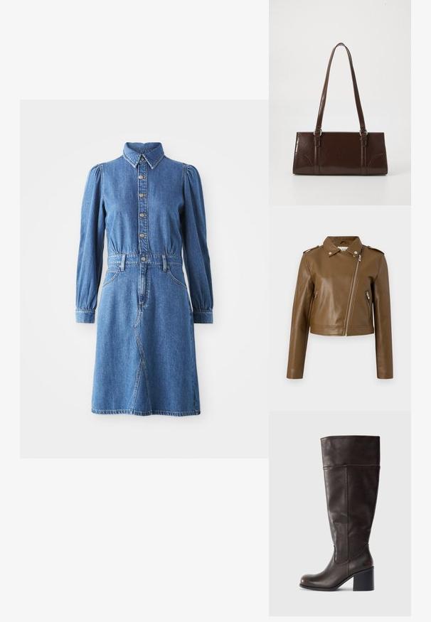 Brun faux læder cropped jakke med lynlåslukning, sidelommer med lynlås, spidse krave og skulderepauleter. Glat tekstur.; Denim kjole med knaplukning foran, krave og lange puffærmer. Har en tætsiddende talje, to sidelommer og en klokkeformet nederdel.; Brun læder knæhøj støvle med rund tå og stablet hæl. Har en glat tekstur og sidelægning som detalje.; Brun lakeret håndtaske med rektangulær form, to lange håndtag og subtile buede detaljer på fronten.