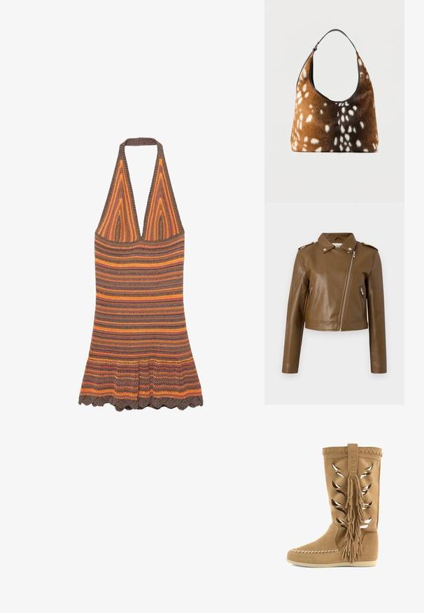 Veste cropped en cuir synthétique marron avec une fermeture éclair, des poches zippées sur le côté, un col pointu et des épaulettes. Texture lisse.; Robe dos nu en maille avec des rayures horizontales orange, marron et rose, ourlet évasé et profond décolleté en V.; Botte mi-mollet en daim beige avec motifs de feuilles découpés au laser, bordure tressée, grands pompons latéraux, couture mocassin à l'avant et semelle plate.; Sac à main marron et noir avec une texture en fourrure blanche tachetée, doté d'une seule bandoulière noire, sur un fond uni.