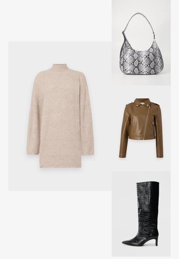 Brun faux læder cropped jakke med lynlåslukning, sidelommer med lynlås, spidse krave og skulderepauleter. Glat tekstur.; Beige højhalset sweater med faldende skuldre, lavet af ribbet strikmateriale. Løs pasform med lange ærmer og en blød tekstur.; Sorte knæhøje støvler med en blank, krokodillemønstret tekstur, spids tå og en affaset hæl. Glat syntetisk materiale.; Sort-hvid slangemønster skuldertaske med en rund form, glat tekstur og en buet rem. Har et sølvfarvet hardware-accents.