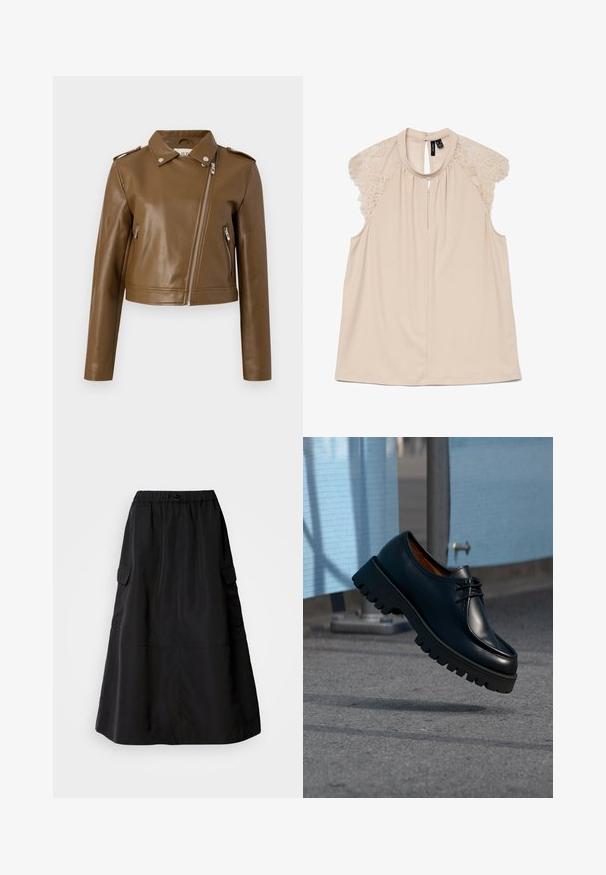 Brun faux læder cropped jakke med lynlåslukning, sidelommer med lynlås, spidse krave og skulderepauleter. Glat tekstur.; Beige ærmeløs bluse med blonde-kapærmer, rund hals med rynk og knaplukning med nøglehul bagpå.; Sort nederdel med en løs pasform, lavet af glat stof. Har en elastisk talje og to sidelommer. Midtlængde design.; Sort lædersko med chunky sål, der svæver over gråt fortov med blå byggehegn i baggrunden.
