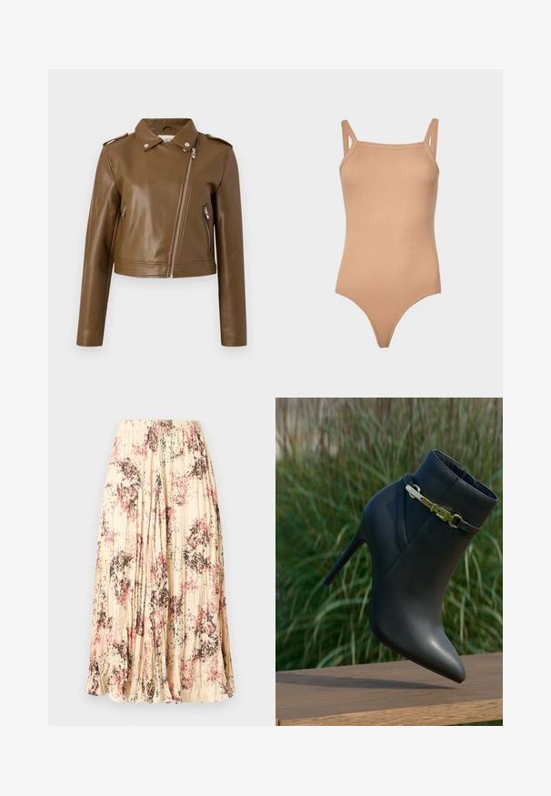 Bruine faux leren cropped jack met een ritsluiting, zijzakken met rits, een puntige kraag en schouderepauletten. Glad textuur.; Beige geribbelde bodysuit met verstelbare bandjes, scoop halslijn en een aansluitende silhoutte, met een hoge beenuitsnijding en minimale naden.; Beige geplooide midi-rok met een bloemenpatroon in roze, zwart en blauw, voorzien van een elastische tailleband.; Zwarte high-heeled enkelboot met spitse neus en gouden gespdetails, weergegeven op een houten oppervlak met een achtergrond van groene bladeren.