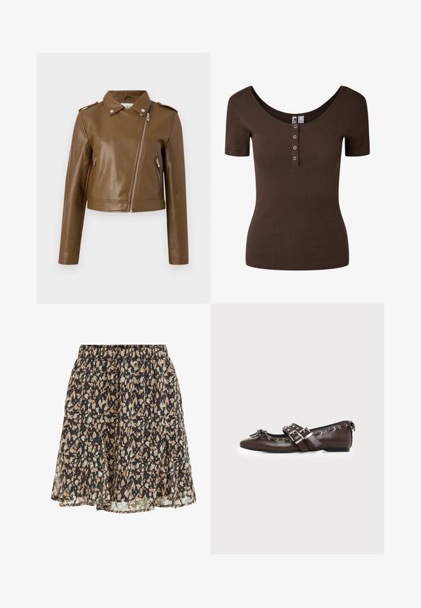 Braune Kunstleder-Cropped-Jacke mit Reißverschluss, seitlichen Reißverschlusstaschen, einem spitzen Kragen und Schulterklappen. Glatte Textur.; Kurzärmeliges, geripptes, dunkelbraunes, figurbetontes Top mit Rundhalsausschnitt und vier Metallschnappknöpfen an der vorderen Knopfleiste.; Schwarzer Rock mit beigen und hellgrauen unregelmäßigen Flecken, elastischem Bund und einem fließenden, leicht ausgestellten Saum.; Dunkelbrauner flacher Lederschuh mit spitzer Spitze, doppelten silbernen Schnallenriemen, Metallösen und dekorativer Schleife vorne.