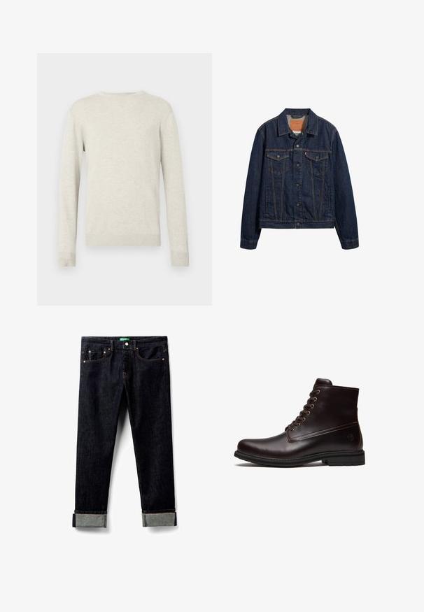 Donkerblauwe denimjack met kraag, vo pockets en knoopsluiting. Kenmerkt zich door contrasterende stiksels en een klassieke snit.; Beige trui met lange mouwen en ronde hals, voorzien van ribbels aan de mouwen en onderkant, gepresenteerd tegen een eenvoudige witte achtergrond.; Donkerblauwe denim jeans met een rechte snit, voorzien van vijf zakken, koperen klinknagels en opgerolde boorden in een contrasterende lichte denim.; Donkerbruine leren veter enkellaars met rubberen zool en subtiel reliëflogo nabij de hak, getoond vanaf de buitenkant.