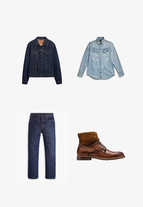 Donkerblauwe denimjack met kraag, vo pockets en knoopsluiting. Kenmerkt zich door contrasterende stiksels en een klassieke snit.; Lichtblauwe denim overhemd met lange mouwen, knoopsluiting aan de voorkant, twee borstzakken en een klassieke kraag. Zachte textuur met een casual ontwerp.; Donkerblauwe straight-leg denim jeans met een voorste knoop, ritsopening, vijf zakken en koperen klinknageldetails.; Kazar ALID - Veterboots - brown