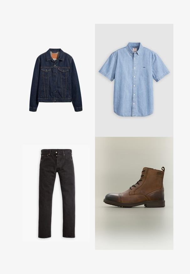 Dunkelblaue Jeansjacke mit Kragen, vorderen Taschen und Knopfverschluss. Sie verfügt über kontrastierende Nähte und einen klassischen Schnitt.; Hellblaues Denim-Kurzarmhemd mit Button-Down-Kragen, vorderen Knöpfen und kleinem Logo auf der linken Brust. Glatte Textur.; Schwarze Slim-Fit-Jeans mit Knopfverschluss, fünf Taschen und kupferfarbenen Nieten flach auf einem weißen Hintergrund ausgelegt.; Brauner Leder-Schnürstiefel bis zum Knöchel mit schwarzer Zehenkappe, runder Sohle und Markenlabel an der Seite vor schlichtem Hintergrund.