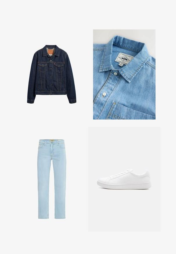 Dunkelblaue Jeansjacke mit Kragen, vorderen Taschen und Knopfverschluss. Sie verfügt über kontrastierende Nähte und einen klassischen Schnitt.; Hellblaues Denimhemd mit Knopfkragen, Brusttasche und weißen Knöpfen. Mit gelben Zierstichen als Akzent.; Hellblaue Jeans aus Denim mit geradem Schnitt, fünf Taschen, dezentem verblassen und einem klassischen Bund mit einer vorderen Knopfverschluss.; Weißer Low-Top-Sneaker mit Schnürverschluss, glattem Lederobermaterial und dicker Gummisohle, seitlich auf einem einfarbigen Hintergrund abgebildet.