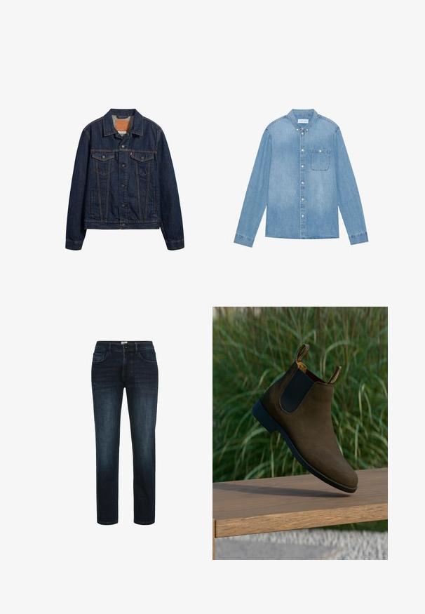 Dunkelblaue Jeansjacke mit Kragen, vorderen Taschen und Knopfverschluss. Sie verfügt über kontrastierende Nähte und einen klassischen Schnitt.; Hellblaues Denim-Hemd mit Knopfleiste, langen Ärmeln, spitzem Kragen, einer Brusttasche und dezentem Verblassen des Stoffes.; Dunkelblaue Denim-Jeans mit geradem Bein, ausgestattet mit fünf Taschen, einem Knopfverschluss und dezentem Verblassen an den Oberschenkeln.; Braune Wildleder Chelsea-Boots mit schwarzen elastischen Seitenpaneelen und einem niedrigen Absatz, ausgestattet mit Zuglaschen an der Rückseite und einer glatten schwarzen Sohle.