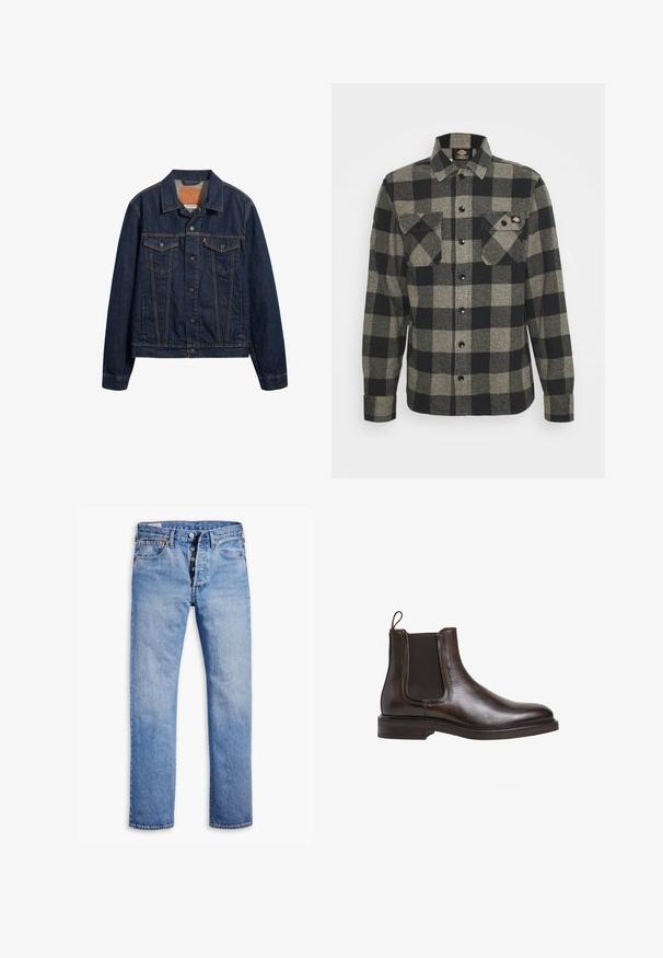 Dunkelblaue Jeansjacke mit Kragen, vorderen Taschen und Knopfverschluss. Sie verfügt über kontrastierende Nähte und einen klassischen Schnitt.; Schwarzes und graues kariertes Flanellhemd mit langen Ärmeln, Knopfverschluss vorne, zwei Brusttaschen und einem leicht abgerundeten Saum. Strukturiert. ; Helle blaue Jeans mit geradem Bein, Fünf-Knopf-Verschluss, Gürtelschlaufen und dezentem Verblassen. Verfügt über zwei Fronttaschen und kupferfarbene Nieten.; Braune Leder-Chelsea-Boots mit elastischen Seiteneinsätzen, Schlupfgriff und niedrigem, gestapeltem Absatz. Glatte Textur und schlanke Silhouette.