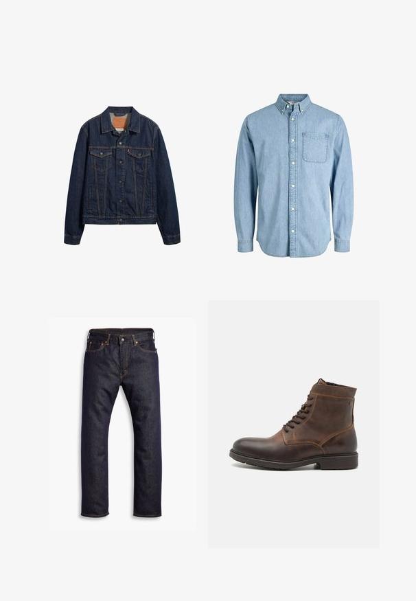 Dunkelblaue Jeansjacke mit Kragen, vorderen Taschen und Knopfverschluss. Sie verfügt über kontrastierende Nähte und einen klassischen Schnitt.; Hellblaues Denim-Hemd mit Knöpfen, langen Ärmeln, Kragen, Fronttasche und dezenter Textur. Verfügt über weiße Knöpfe entlang der Knopfleiste.; Dunkelblaue gerade geschnittene Jeans aus Denim mit fünf Taschen und orangefarbenen Kontrastnähten, flach auf einem weißen Hintergrund ausgelegt.; Jack & Jones JFWDELANEY BOOT - Schnürstiefelette - cognac