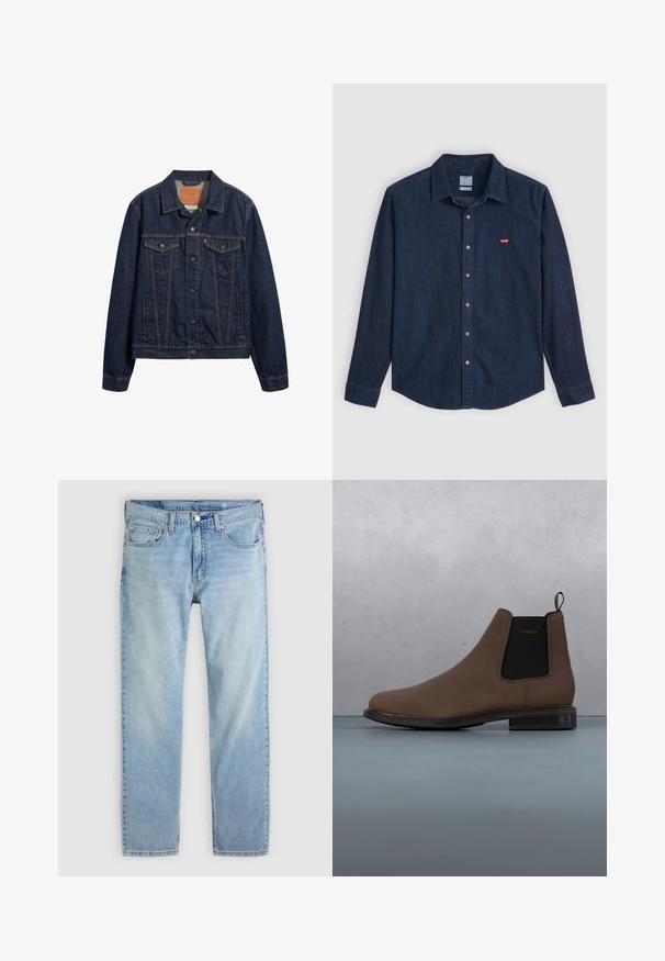 Veste en denim bleu foncé avec un col, des poches avant et une fermeture à boutons. Présente des coutures contrastées et une coupe classique.; Chemise en denim foncé à boutons avec un col pointu, des manches longues et un petit logo rouge sur la poitrine. Elle présente des boutons en laiton et une coupe classique.; Jean bleu clair à jambes droites avec cinq poches, fermeture par bouton, et coutures visibles sur un fond uni.; Bottine Chelsea en cuir marron avec des panneaux latéraux élastiques noirs, bout rond et petit talon, sur fond texturé en bois et gravier.