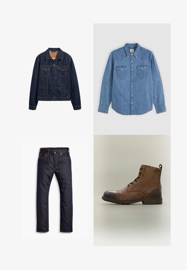 Dunkelblaue Jeansjacke mit Kragen, vorderen Taschen und Knopfverschluss. Sie verfügt über kontrastierende Nähte und einen klassischen Schnitt.; Langärmliges blaues Jeanshemd mit spitzem Kragen, geknöpfter Vorderseite und zwei Brusttaschen mit Knopfklappen vor einfarbigem Hintergrund.; Dunkelblaue gerade geschnittene Jeans aus Denim mit fünf Taschen und orangefarbenen Kontrastnähten, flach auf einem weißen Hintergrund ausgelegt.; Brauner Leder-Schnürstiefel bis zum Knöchel mit schwarzer Zehenkappe, runder Sohle und Markenlabel an der Seite vor schlichtem Hintergrund.