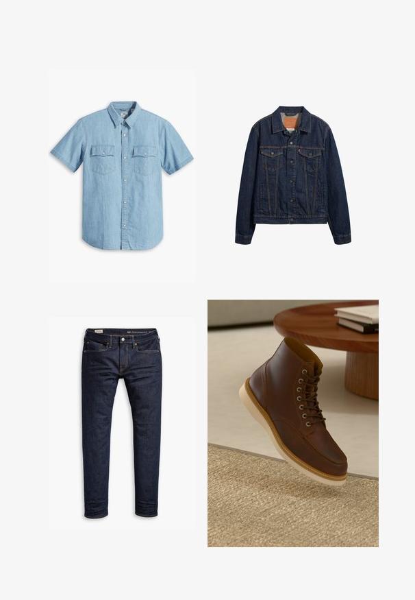 Mørkeblå denimjakke med krave, forlommer og knaplukning. Har kontrasterende syninger og en klassisk snit.; Lyseblå kortærmet skjorte med knaplukning lavet af denim, med to brystlommer med lodret syning og en klassisk krave.; Mørkeblå denimjeans med slim fit, med orange syninger, fem-lomme design og metalhardware. Glat tekstur, ingen mønstre.; Brune læderankelstøvle med beige sål på et struktureret beige tæppe ved siden af et rundt træbord med stakke af bøger.