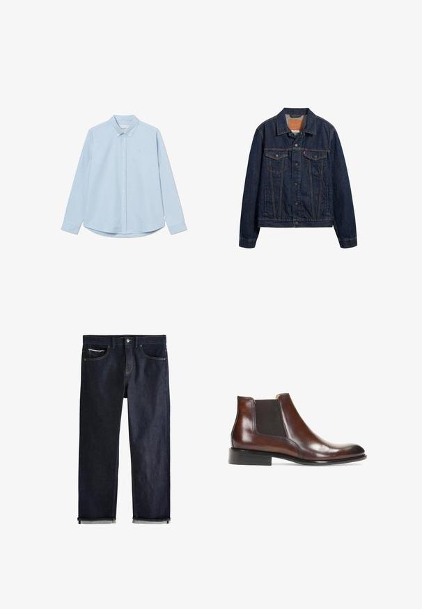 Chaqueta de mezclilla azul marino con cuello, bolsillos delanteros y cierre de botones. Presenta costuras en contraste y un corte clásico.; Camisa de botones de manga larga en un tono azul claro, con cuello puntiagudo, un logo en el pecho y dobladillo redondeado. Fabricada con un tejido suave y textura lisa.; Vaqueros de mezclilla azul oscuro con un ajuste recto clásico, que cuentan con cinco bolsillos, cierre de botones y puños doblados que muestran un forro azul claro.; Botín de cuero marrón hasta el tobillo con paneles laterales elásticos, un acabado suave, detalles de costura y un tacón rectangular bajo.