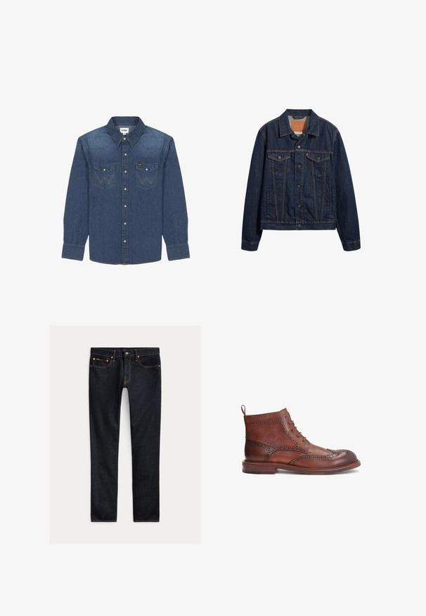 Veste en denim bleu foncé avec un col, des poches avant et une fermeture à boutons. Présente des coutures contrastées et une coupe classique.; Chemise en denim bleu foncé avec un col à boutons, deux poches poitrine à couture contrastante et des manches longues avec poignets à boutons.; Jean slim bleu foncé avec cinq poches, fermeture à boutons et coutures contrastées, posé à plat sur un fond clair.; Botte en cuir marron avec des détails brogue décoratifs, bout rond, design à lacets et un petit talon empilé. Comprend une languette à l'arrière.