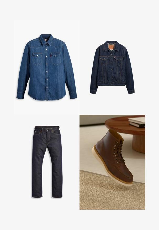 Dunkelblaue Jeansjacke mit Kragen, vorderen Taschen und Knopfverschluss. Sie verfügt über kontrastierende Nähte und einen klassischen Schnitt.; Dunkelblaue Jeanshemd mit langen Ärmeln, spitzem Kragen und Druckknöpfen. Verfügt über zwei Brusttaschen mit Klappen und kontrastierenden Nähten.; Dunkelblaue Jeans aus Denim mit geradem Schnitt, Fünf-Taschen-Design, metallischen Komponenten und kontrastierenden orangen Nähten. Glatte Textur, keine sichtbaren Muster.; Braune Leder-Ankle-Boots mit beiger Sohle auf einem strukturierten beigen Teppich neben einem runden Holztisch mit gestapelten Büchern.