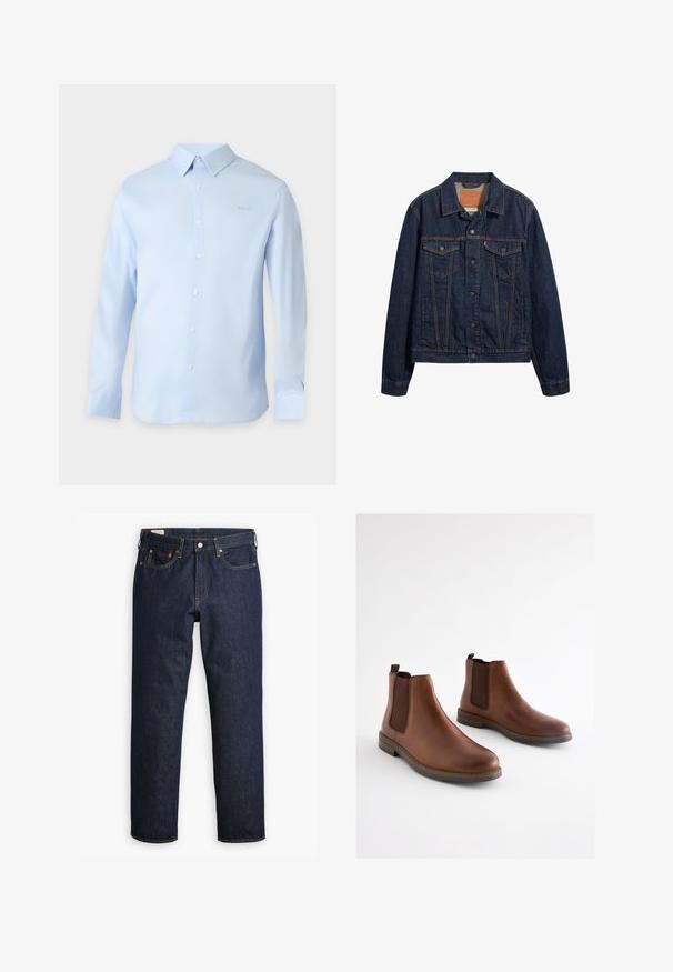 Veste en denim bleu foncé avec un col, des poches avant et une fermeture à boutons. Présente des coutures contrastées et une coupe classique.; Chemise bleu clair à manches longues, boutonnée, col et logo discret sur la poitrine gauche, présentée sur un fond uni.; Jean en denim bleu foncé à coupe droite, avec un style à cinq poches, des coutures visibles et une fermeture à boutons classique.; Bottes basses en cuir marron avec des panneaux élastiques sur les côtés, un bout arrondi et un talon empilé. Texture lisse avec des accents marron contrastants.