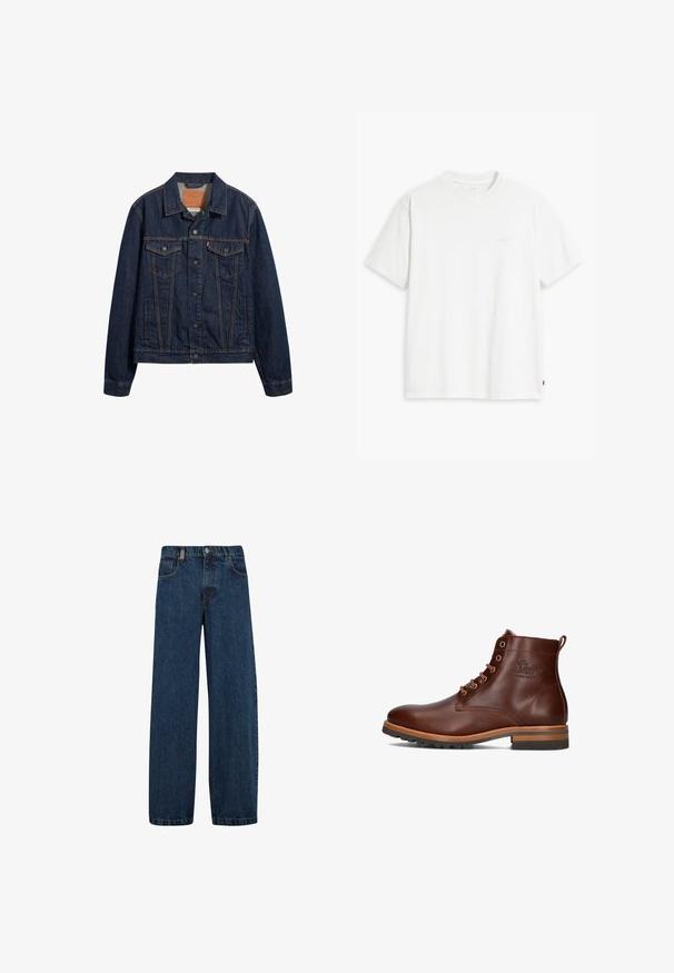 Chaqueta de mezclilla azul marino con cuello, bolsillos delanteros y cierre de botones. Presenta costuras en contraste y un corte clásico.; Camiseta de algodón blanca con mangas cortas, cuello redondo y un sutil logo "Levi's" impreso en color claro en la parte frontal.; Vaqueros de mezclilla en azul oscuro, con un corte de pierna ancha, diseño de cinco bolsillos y un cierre clásico de botón con cremallera de metal.; Botín de cuero marrón hasta el tobillo con punta redonda, diseño de cordones, tacón y suela en contraste, y logotipo grabado en el lateral.