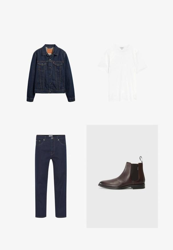 Mørkeblå denimjakke med krave, forlommer og knaplukning. Har kontrasterende syninger og en klassisk snit.; Autograph T-shirts basic - white; Mørkeblå denim jeans med lige snit, der har lys syning, fem lommer og en knaplukning ved livet. Glat tekstur.; Brun læder ankelstøvle med elastiske sidepaneler og et pull-tab. Glat overflade, rund tå og en lav, stablet hæl.