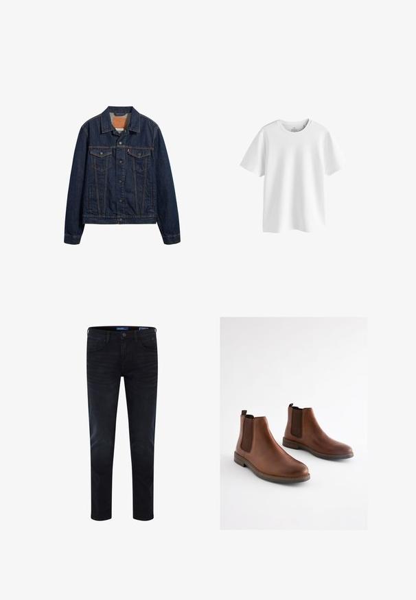 Mørkeblå denimjakke med krave, forlommer og knaplukning. Har kontrasterende syninger og en klassisk snit.; Hvid bomuld T-shirt med rund hals, korte ærmer og løs pasform. Har ingen synlige logoer eller mønstre. Glat tekstur.; Mørkeblå denimjeans med skinny fit, synlige syninger, standard design med fem lommer og knaplukning ved taljen.; Brune læderankelstøvler med elastiske sidestykker, rundet tå og en lagdelt hæl. Glat tekstur med kontrasterende brune accenter.