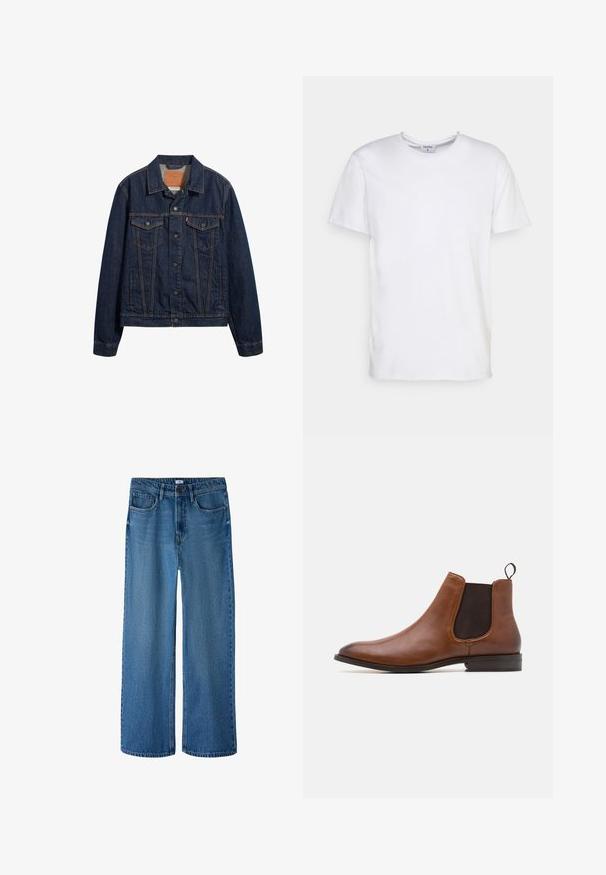 Veste en denim bleu foncé avec un col, des poches avant et une fermeture à boutons. Présente des coutures contrastées et une coupe classique.; T-shirt blanc à manches courtes en coton. Il présente un col rond et une coupe décontractée sans motifs ni accents visibles.; Jean bleu à jambes larges en denim. Comprend cinq poches, passants pour ceinture et une fermeture par bouton. Texture légèrement délavée avec une finition propre.; Zign by Zalando LEATHER - Bottines - cognac