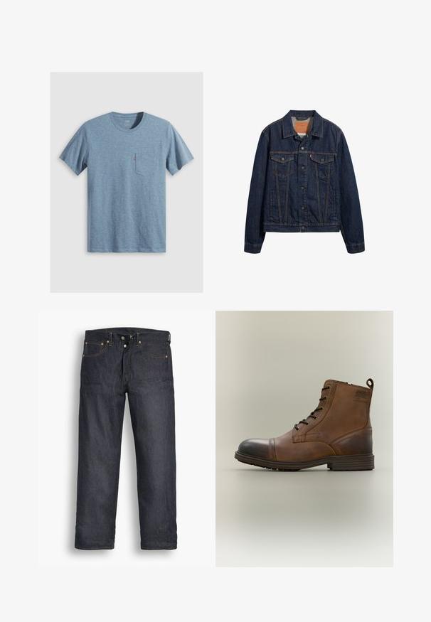 Dunkelblaue Jeansjacke mit Kragen, vorderen Taschen und Knopfverschluss. Sie verfügt über kontrastierende Nähte und einen klassischen Schnitt.; Blaues T-Shirt mit kurzen Ärmeln und Rundhalsausschnitt mit einer Brusttasche, die ein kleines rotes Etikett auf weißem Hintergrund trägt.; Dunkelblaue Jeans aus Denim mit geradem Bein, versehen mit orangefarbener Naht, klassischem Fünf-Taschen-Stil und Knopfverschluss.; Brauner Leder-Schnürstiefel bis zum Knöchel mit schwarzer Zehenkappe, runder Sohle und Markenlabel an der Seite vor schlichtem Hintergrund.