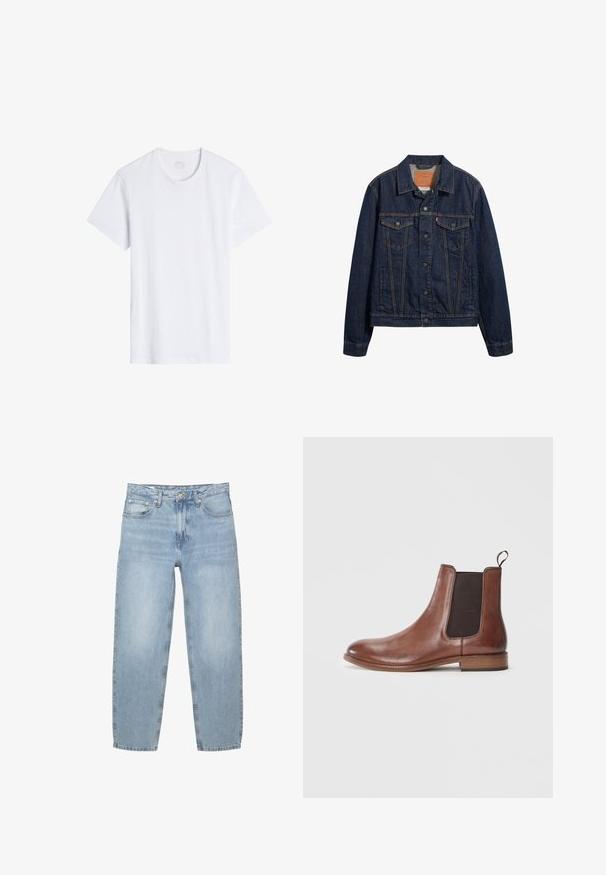 Mørkeblå denimjakke med krave, forlommer og knaplukning. Har kontrasterende syninger og en klassisk snit.; Hvid, kortærmet t-shirt med rund halsudskæring. Lavet af glat bomuldsstof, den har en afslappet pasform og minimale sømme.; Lyseblå denim jeans, løs pasform, høj talje, fem-lommer design, knap- og lynlåsåbning, lige ben med let flosset kant.; Brun læder Chelsea boot med en glat overflade, elastiske sidepaneler og en trækflig, med rund tå og flad træhæl.