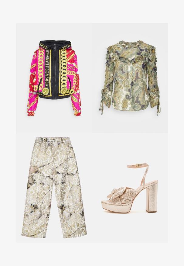 Versace Jeans Couture PANEL CHAINS PEARLS - Letná bunda - light red; Veronica Beard HOWELL BLOUSE - Blúzka - green; Svetlé nohavice s širokými nohavicami vyrobené z textúrovanej tkaniny, s čierno-zlatým damaskovým vzorom na bielom pozadí a s vysokým pásom.; Zlaté sandále na podpätku s platformou, so šnurovanou štruktúrou na remienku na prst a úzkym remienkom okolo členku s prackou.