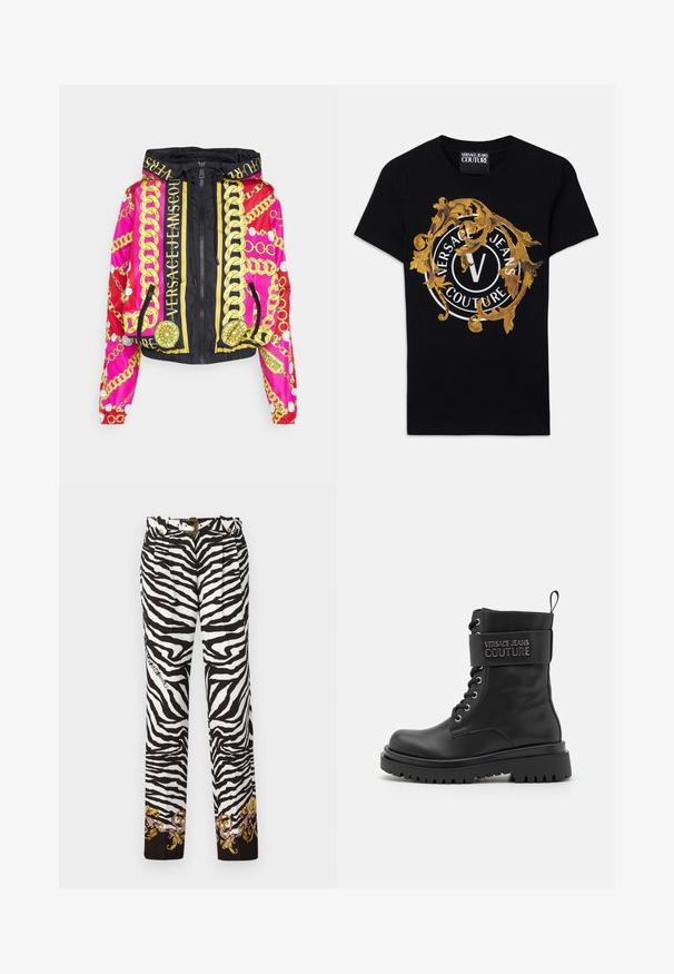 Versace Jeans Couture PANEL CHAINS PEARLS - Veste légère - light red; T-shirt à manches courtes noire de Versace Jeans Couture avec un design baroque doré et un logo circulaire blanc centré sur le devant.; Pantalon à motifs zèbre noir et blanc, avec un imprimé floral décoratif à l'ourlet et une ceinture accentuée de doré avec une boucle.; Botte de combat noire avec une finition brillante, dotée d'une cheville rembourrée, d'un laçage à l'avant et d'une sangle estampillée du logo sur le dessus. Semelle en caoutchouc.