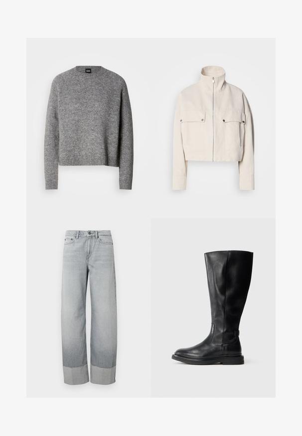 Korte beige jas van katoen met een hoge kraag, een ritssluiting aan de voorkant en twee borstzakken met drukknopen.; Grijze gebreide trui met een ronde hals, lange mouwen en geribde manchetten en zoom. Zachte textuur; minimalistisch ontwerp zonder patronen of accenten.; Lichtgrijze spijkerbroek met een wijd uitlopende pijp, voorzien van een dubbel omslagboord en subtiele vervaging. Voorzien van een standaard knoop- en ritsluiting.; Zwarte leren kniehoge laars met een ronde neus, iets gestructureerde bovenkant en rubberen zool. Voorzien van een zijpaneel voor gemakkelijke instap.
