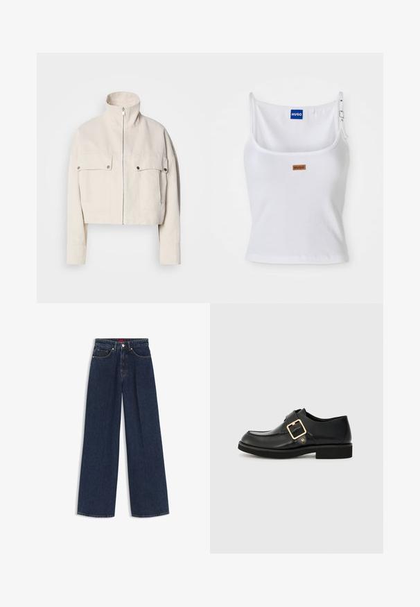 Chaqueta beige recortada de algodón con cuello alto, cierre frontal de cremallera y dos bolsillos en el pecho con botones a presión.; Camiseta sin mangas blanca con textura de canalé y tirantes ajustables, que presenta una etiqueta de logo azul y una pequeña etiqueta marrón, elaborada con un material suave y elástico.; Vaqueros de mezclilla azul oscuro con pierna ancha, botón delantero, cremallera, cinco bolsillos y logo discreto de la marca en el pequeño bolsillo delantero.; Zapato de cuero negro con punta redonda, que cuenta con una hebilla dorada y una suela de goma plana. Textura suave con detalles de costura sutil.