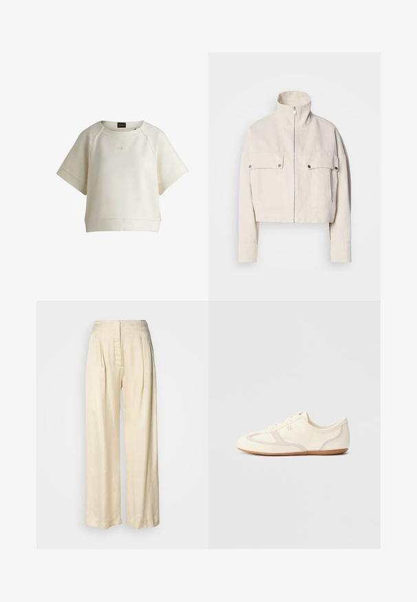Beiges, tailliertes Baumwolljackett mit hohem Kragen, Frontreißverschluss und zwei Brustumtaschen mit Druckknöpfen.; Helle beige Kurzarm-Sweatshirt mit Rundhalsausschnitt und besticktem Logo auf der Vorderseite. Glatter Stoff mit einem leicht lockeren Schnitt.; Hohe Taille, cremefarbene Seidenhose mit Falten, weitem Bein und einem versteckten Reißverschluss vorne vor schlichtem weißem Hintergrund.; Sneakers in Cremefarben mit Obermaterial aus Wildleder und Stoff, abgerundete Zehenpartie und Gummisohle mit beigefarbenem Akzent. Schnürsenkelverschluss.