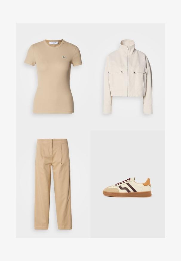 Kort beige jakke lavet af bomuld med høj krave, lynlåslukning foran og to brystlommer med trykknapper.; Beige ribbet bomulds t-shirt med korteærmer, rund halsudskæring, tætsiddende pasform og et lille grønt Lacoste logo på venstre bryst.; Beige bomuldsbukser med en afslappet pasform, der har to frontfolder, en lige ben-konstruktion og en klassisk knaplukning i taljen.; Lav sneaker med cremefarvet overdel, mørkebrune sidestriber, ruskindsspids i tan, brune snørebånd og gummisål på hvid baggrund.