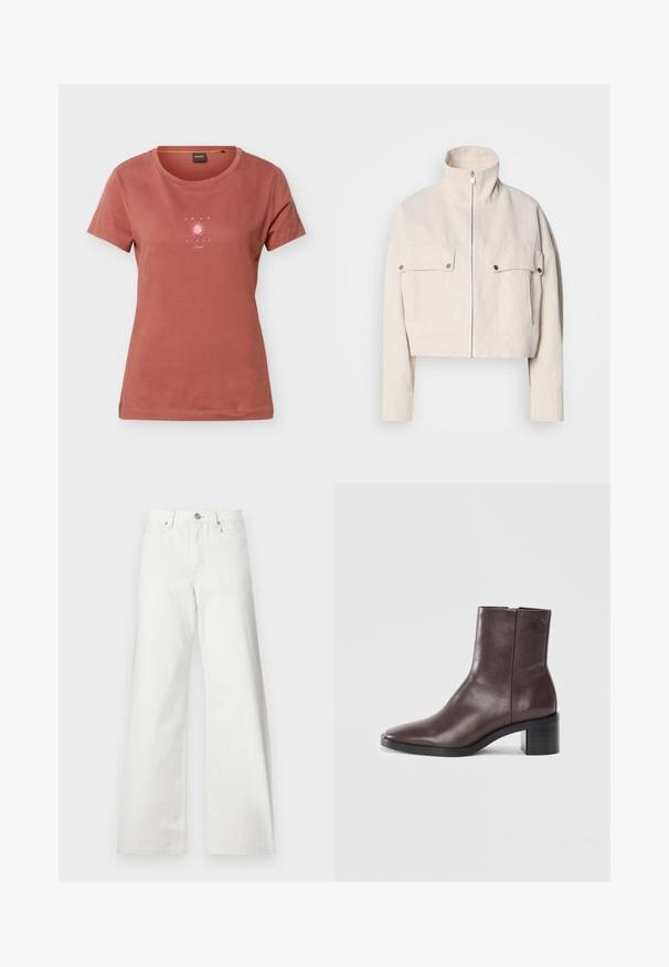 Veste courte beige en coton avec col montant, fermeture éclair à l'avant et deux poches poitrine à boutons-pression.; T-shirt à manches courtes couleur rouille avec un col rond et un petit graphisme de soleil rose avec le texte "AMAR EL SOL" sur la poitrine.; Jean blanc taille haute à jambes larges, fermeture à boutons devant, passants de ceinture et poches avant sur fond uni.; Bottine en cuir marron foncé avec un orteil carré, un talon bloc et un logo embossé subtil près du haut sur fond blanc uni.
