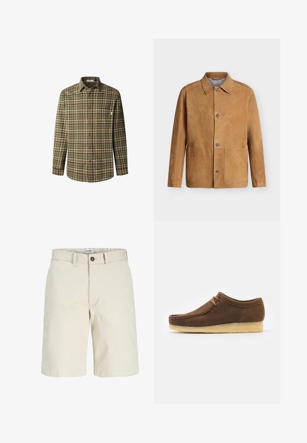 Beige suède jack met knopen, puntige kraag en twee grote voorzakken, afgebeeld tegen een effen lichte achtergrond.; Knoopshirt in een groene en bruine ruitpatroon, lange mouwen, kraag, borstzak, gemaakt van een gestructureerde katoen stof met bruine knopen.; Beige knielange herenshorts met riemlussen, knoop- en ritssluiting aan de voorkant, gemaakt door Jack & Jones.; Bruine leren schoen met een ronde neus, lage profiel, tan veters en een lichtgekleurde rubberen zool. Gladde textuur met minimale stiksels.