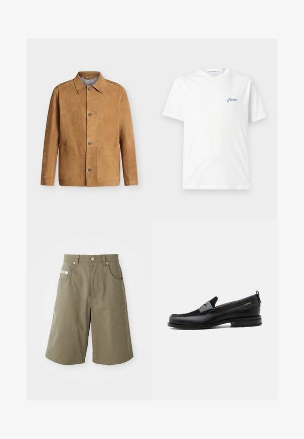 Tan ruskind jakke med knapper, spidst krave og to store forlommer, vist mod en ensartet lys baggrund.; Hvid T-shirt med korte ærmer og rund halsudskæring med lille blåt kursiv "Holzweiler" logo på venstre bryst.; MOSCHINO TAPE - Shorts - green; Sort læderloafer med grå remdetalje, lav hæl og tekstureret sål, mærket med "HUGO" i guld på siden.