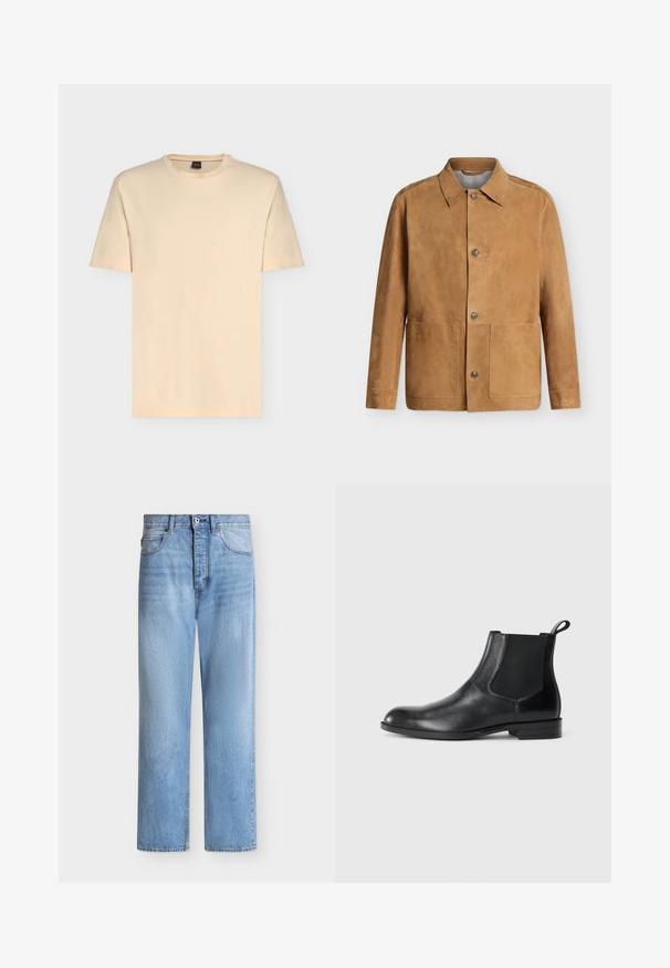 Veste en daim beige à boutons, col pointu et deux grandes poches avant, affichée sur un fond clair uni.; T-shirt beige clair à manches courtes avec col rond et logo discret "BOSS" centré sur la poitrine.; Jean droit en denim bleu clair avec fermeture par bouton et zip, poches avant et arrière, et passants de ceinture à la taille.; Bottine en cuir noir avec des panneaux latéraux élastiques, bout rond et tirette. Texture lisse, semelle plate, design minimaliste.