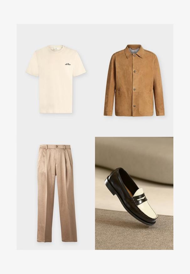 Veste en daim beige à boutons, col pointu et deux grandes poches avant, affichée sur un fond clair uni.; T-shirt crème à manches courtes, col rond, avec petit logo noir "Les Deux" sur le côté gauche de la poitrine.; Pantalon beige à coupe décontractée avec plis, fermeture par bouton et passants pour ceinture. Confectionné en tissu léger, avec une texture lisse et des jambes droites.; Mocassin en cuir noir avec un empeigne crème et des rayures noires, présentant un petit talon et des coutures détaillées le long des bords.