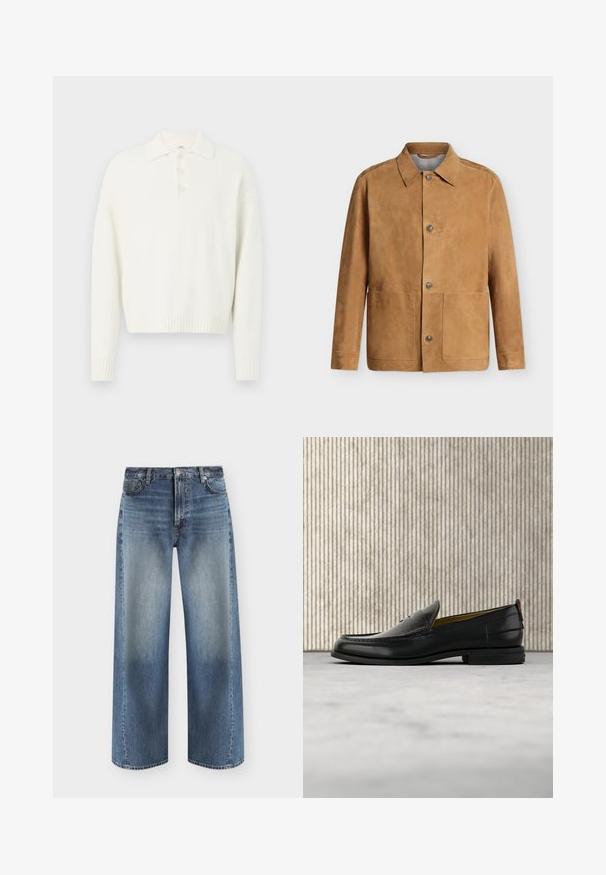 Tan ruskind jakke med knapper, spidst krave og to store forlommer, vist mod en ensartet lys baggrund.; Hvid pullover sweater med krave, tre knapper foran og ribbede manchetter og kant. Blødt, struktureret stof med en afslappet pasform.; Blå jeans med lige ben og udvaskede forpaneler, fem-lommer stil, knaplukning og bæltestropper på hvid baggrund.; Sort læder herreloafer med krokodillepræget forstykke og lav hæl, vist i profil på en neutral baggrund.