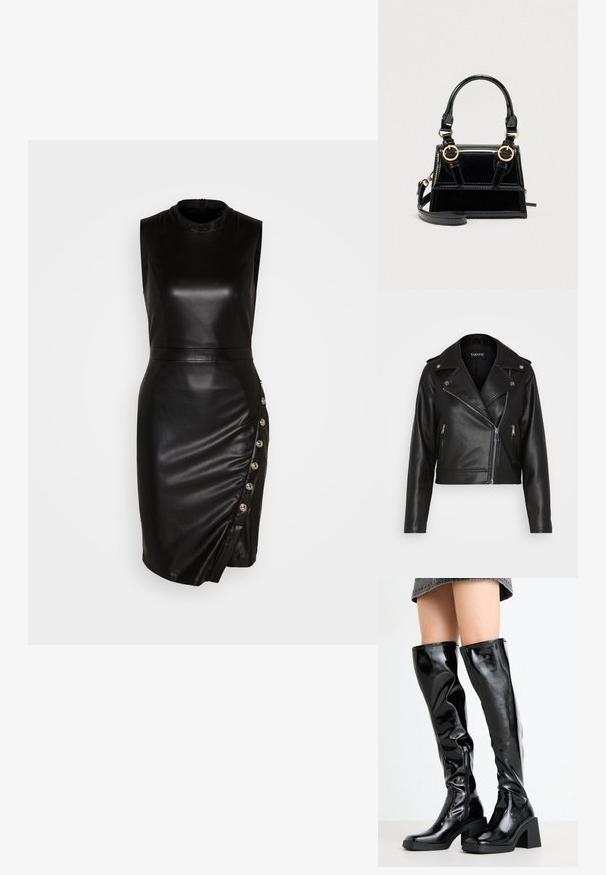Veste de moto en cuir noir avec un design court, poches zippées, quincaillerie en métal argenté et larges revers. Texture lisse et style ajusté.; Robe sans manches en cuir noir avec un col haut, une silhouette ajustée, un ourlet asymétrique et des boutons décoratifs le long de la couture latérale.; Bottes noires, brillantes, montantes jusqu'aux genoux, avec un bout carré et un talon épais. Présentent une fermeture éclair latérale et un design ajusté en texture.; Sac à main en cuir verni noir avec ferrures dorées, double poignées supérieures et une bandoulière ajustable. Design structuré avec coutures accentuées.