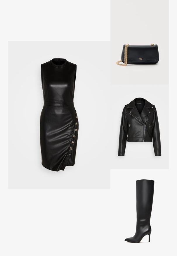 Schwarze Leder-Motorradjacke mit einem cropped Design, mit Reißverschlusstaschen, silbernen Beschlägen und breiten Revers. Glatte Textur und taillierter Schnitt.; Schwarzes, ärmelloses Lederkleid mit hohem Kragen, taillierter Silhouette, asymmetrischem Saum und dekorativen Knöpfen entlang der Seitennaht.; Schwarze kniehohe Stöckelschuhstiefel aus Leder mit spitzer Zehenform und glänzender, glatter Oberfläche. Verfügt über einen hohen, schlanken Absatz für eine verlängerte Silhouette.; Schwarze Lederschultertasche mit goldener Kettenriemen und kleinem goldenen "cK"-Logo mittig auf der vorderen Klappe vor einfarbigem Hintergrund.