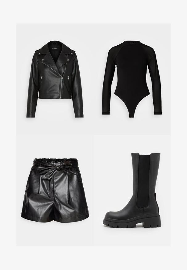 Veste de moto en cuir noir avec un design court, poches zippées, quincaillerie en métal argenté et larges revers. Texture lisse et style ajusté.; Bodysuit noir à manches longues avec col haut, doté d'un tissu solide sur le torse et de manches en maille transparente, conçu dans une coupe ajustée.; Shorts noirs en simili cuir avec une taille froncée, une ceinture nouée, des plis et des poches latérales. Texture lisse et coupe ajustée.; ONLY SHOES ONLDOJA - Bottes à plateau - black