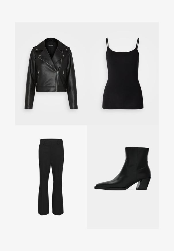 Veste de moto en cuir noir avec un design court, poches zippées, quincaillerie en métal argenté et larges revers. Texture lisse et style ajusté.; Débardeur noir avec des bretelles fines et ajustables, en tissu extensible lisse et à la silhouette ajustée. Pas de motifs ni de décorations.; Pantalons noirs en tissu lisse, présentant un design droit avec un devant plat et des poches latérales. Pas de motifs ou d'accents visibles.; Bottine en cuir noir avec un bout pointu, une silhouette élégante et un talon carré massif. Texture lisse avec des détails de couture minimalistes.