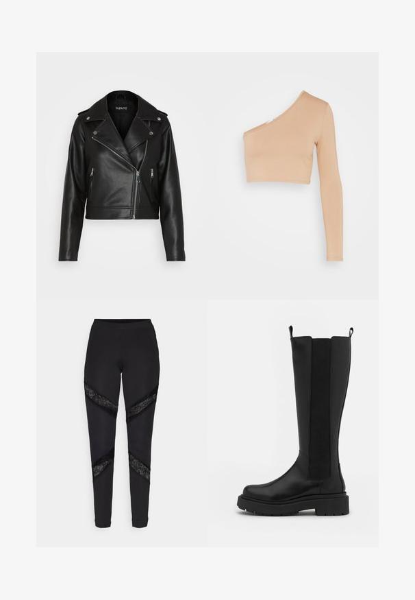 Schwarze Leder-Motorradjacke mit einem cropped Design, mit Reißverschlusstaschen, silbernen Beschlägen und breiten Revers. Glatte Textur und taillierter Schnitt.; WAL G. MILLY ONE SLEEVE CROP - Langarmshirt - camel; Schwarze Leggings mit dreieckigen Ausschnitten, die an den Seiten mit schwarzer Spitze akzentuiert sind. Sie bestehen aus einem dehnbaren Stoff mit passgenauer Passform.; Schwarze knielange Stiefel mit einem glatten Lederaußenmaterial, elastischen Seitenpaneelen, runder Zehenpartie und einer dicken schwarzen Gummisohle.