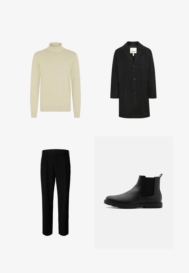 Sort frakke med en glat tekstur, notch-krave og tre knapper. Har to forlommer og en afslappet pasform. Mærketiketten er synlig indeni.; Lys beige turtleneck sweater med et struktureret strikmønster, lange ærmer og ribbede manchetter og kant. Blødt, hyggeligt stof.; Sorte formelle bukser med bæltestropper, knap foran og lynlås, vist mod hvid baggrund.; Sorte læder Chelsea støvle med elastiske sidepaneler, en trækflap og en holdbar gummisål. Glat tekstur og strømlinet design.