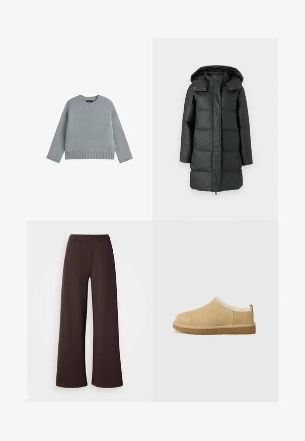 Doudoune vert foncé avec capuche amovible, texture matelassée, fermeture éclair et boutons-pression au col et aux poches.; Pull en tricot gris clair avec un col rond, des épaules tombantes, des poignets et un ourlet côtelés. Présente un motif texturé sur l'ensemble.; Pantalons larges en marron foncé, fabriqués en tissu doux avec une taille élastique et un ourlet propre, idéaux pour le confort et le style décontracté.; Chaussure en daim à enfiler de couleur beige clair, dotée d'une douce doublure en fourrure et d'une semelle en caoutchouc texturé avec un léger talon et une sangle à l'arrière pour un enfilage facile.